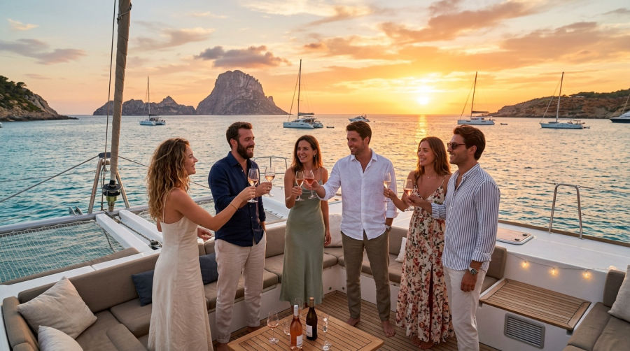 Vrienden die feesten op een catamarandek bij zonsondergang op Ibiza