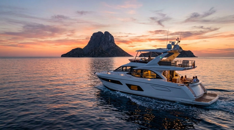 Zonsondergangcruise op Ibiza met vrienden aan dek bij Es Vedrà